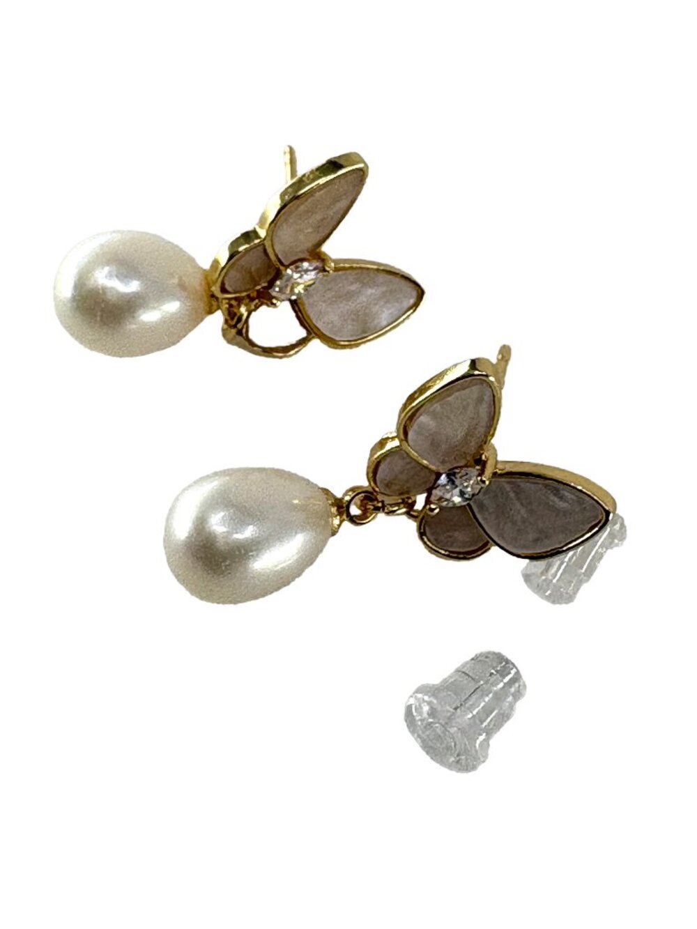 18K Gold Plated Butterfly Pearl Zircon Earrings Shell Dangle Stud Earrings 3.35g
